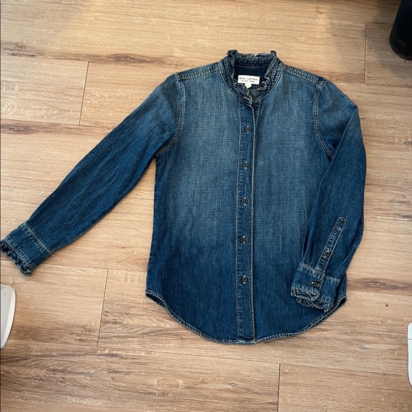 Nili Lotan Lydia Denim Button-Front Shirt with Ruffle Trim Size - Small - Picture 2 of 9